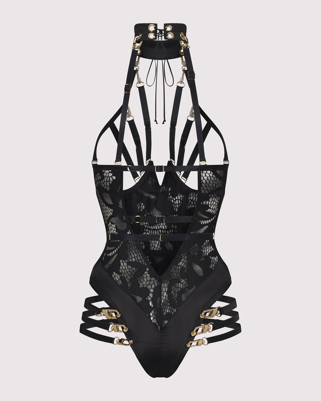 Déjà vu 18 cupless bodysuit in black lace with detachable hip bands, luxury lingerie