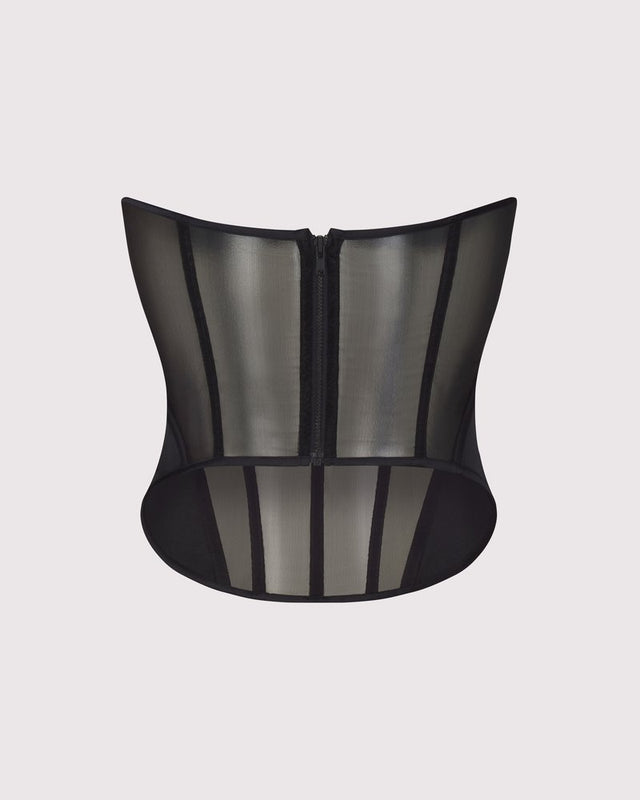 Back view of Double Entendre Bustier as luxury cupless corset on ghost mannequin — silk cups removed, performance mesh and silk-covered boning visible, designed by Lunatic Femme, made in NYC.