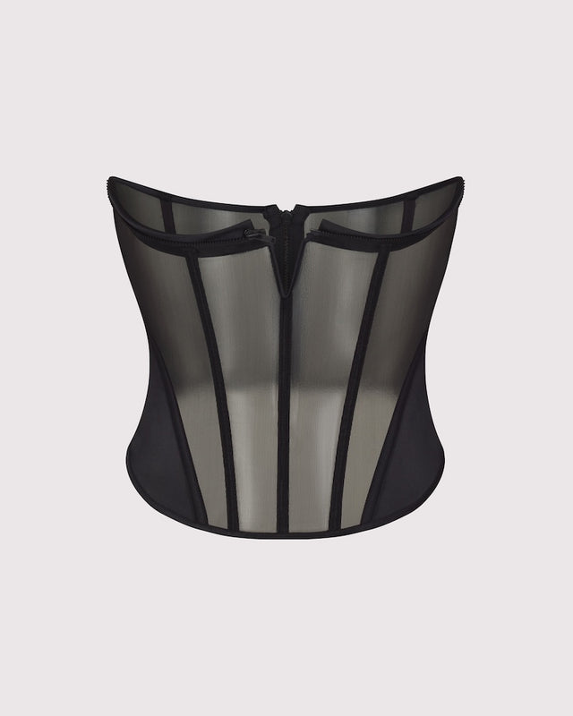 Cupless corset version of Double Entendre Bustier in peace silk and european performance mesh — ghost mannequin view, detachable cups removed, luxury lingerie by Lunatic Femme.