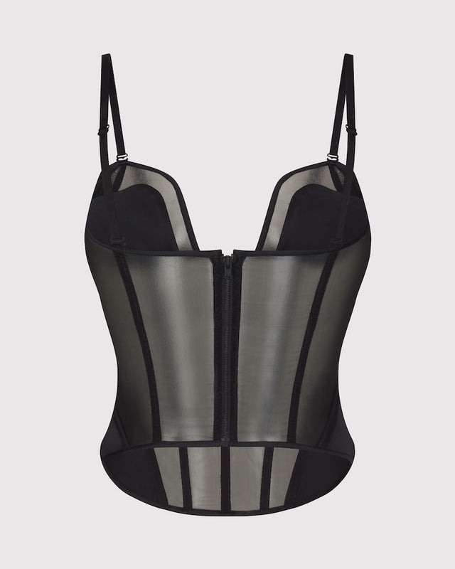 Back view of Lunatic Femme's Double Entendre Bustier on ghost mannequin — non-violent silk + performance mesh detailing, zipper closure, made in NYC.