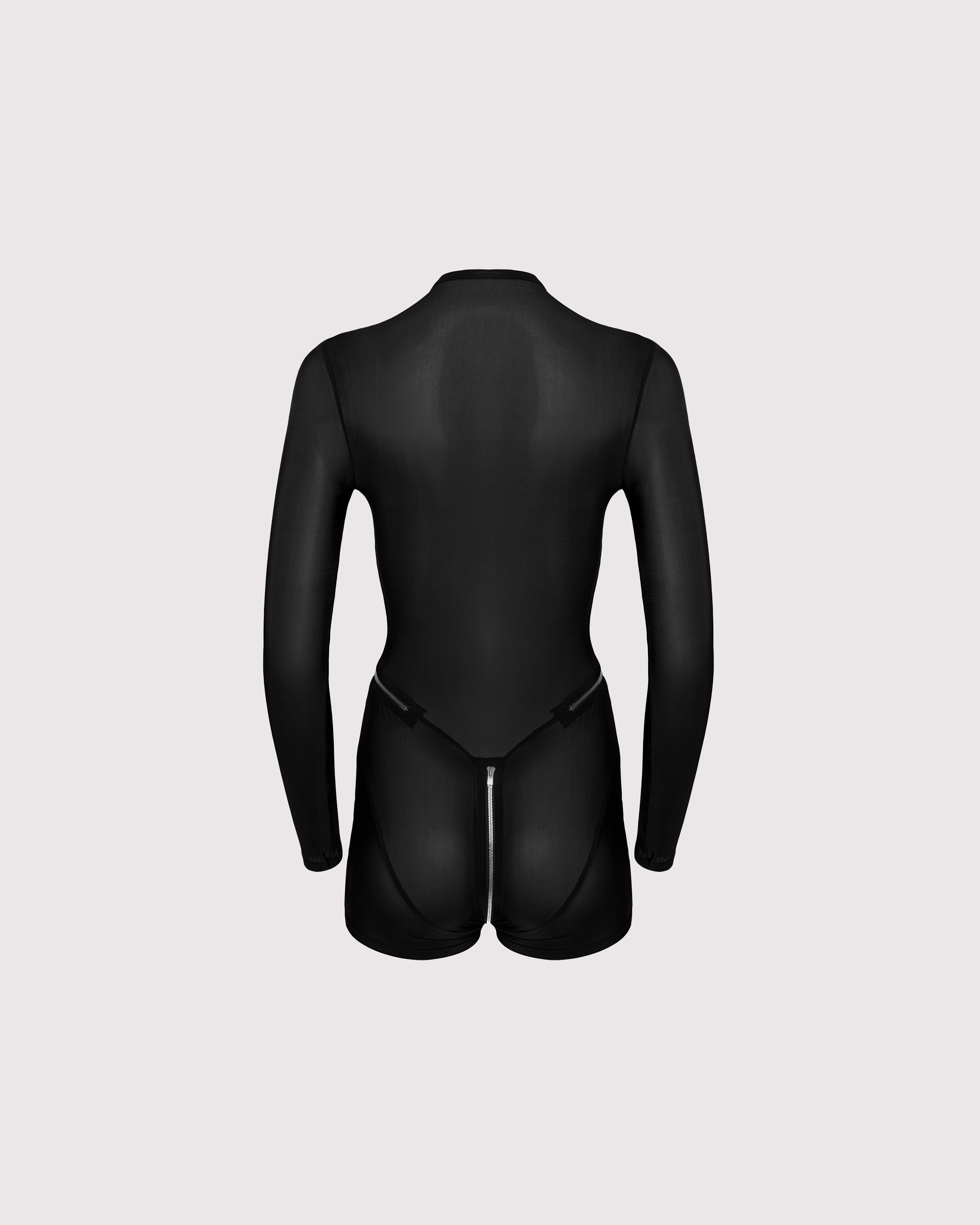 Back view of Super-Sheer Feral Catsuit-Romper on ghost mannequin, showcasing the sleek silhouette and sheer fabric with a 2-way zipper, perfect for layering or wearing alone.