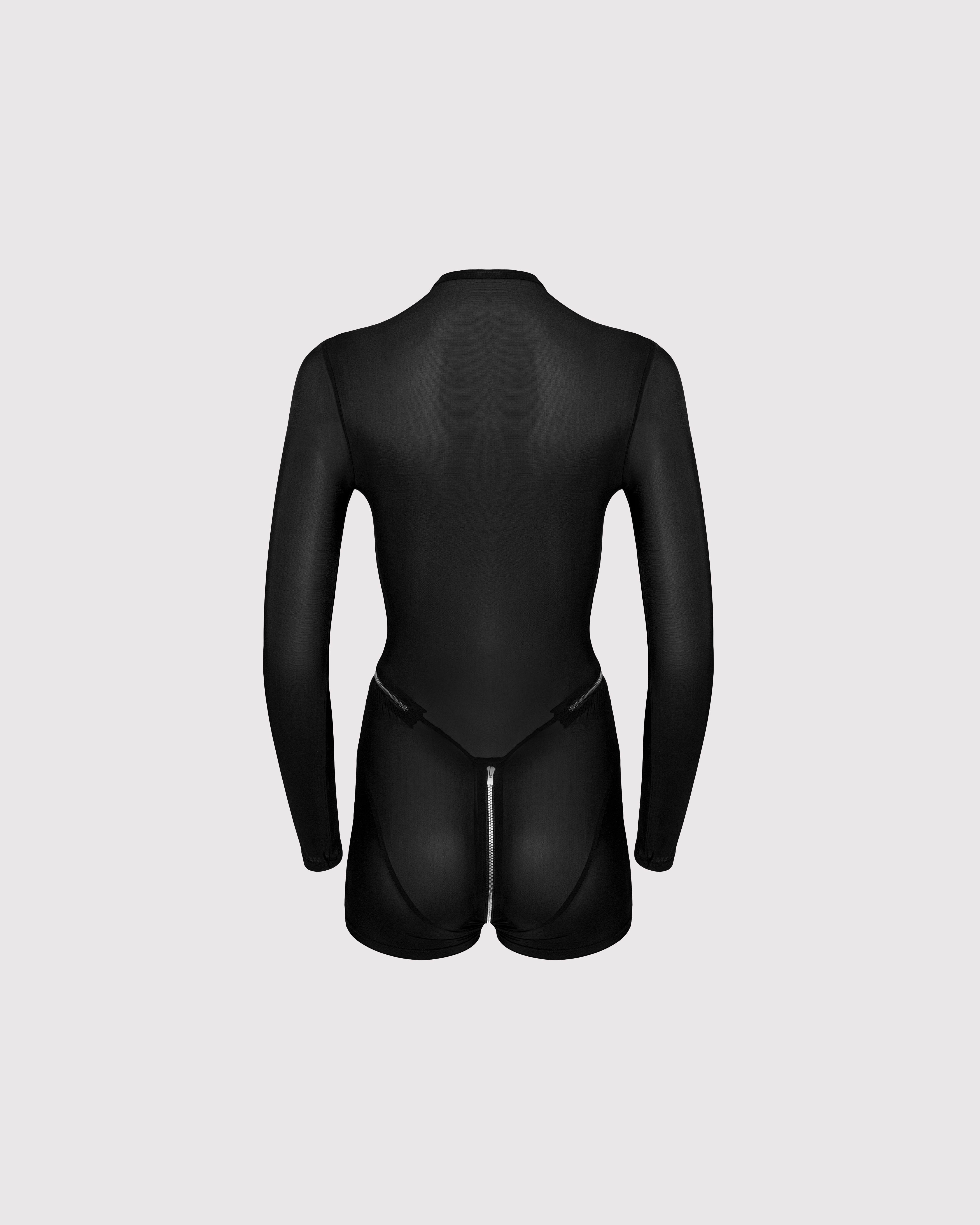 Back view of Super-Sheer Feral Catsuit-Romper on ghost mannequin, showcasing the sleek silhouette and sheer fabric with a 2-way zipper, perfect for layering or wearing alone.