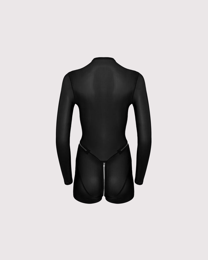 Back view of Super-Sheer Feral Catsuit-Romper on ghost mannequin, showcasing the sleek silhouette and sheer fabric with a 2-way zipper, perfect for layering or wearing alone.