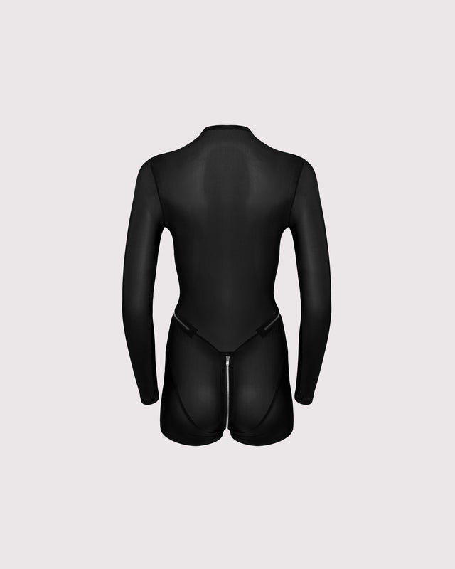 Back view of Super-Sheer Feral Catsuit-Romper on ghost mannequin, showcasing the sleek silhouette and sheer fabric with a 2-way zipper, perfect for layering or wearing alone.