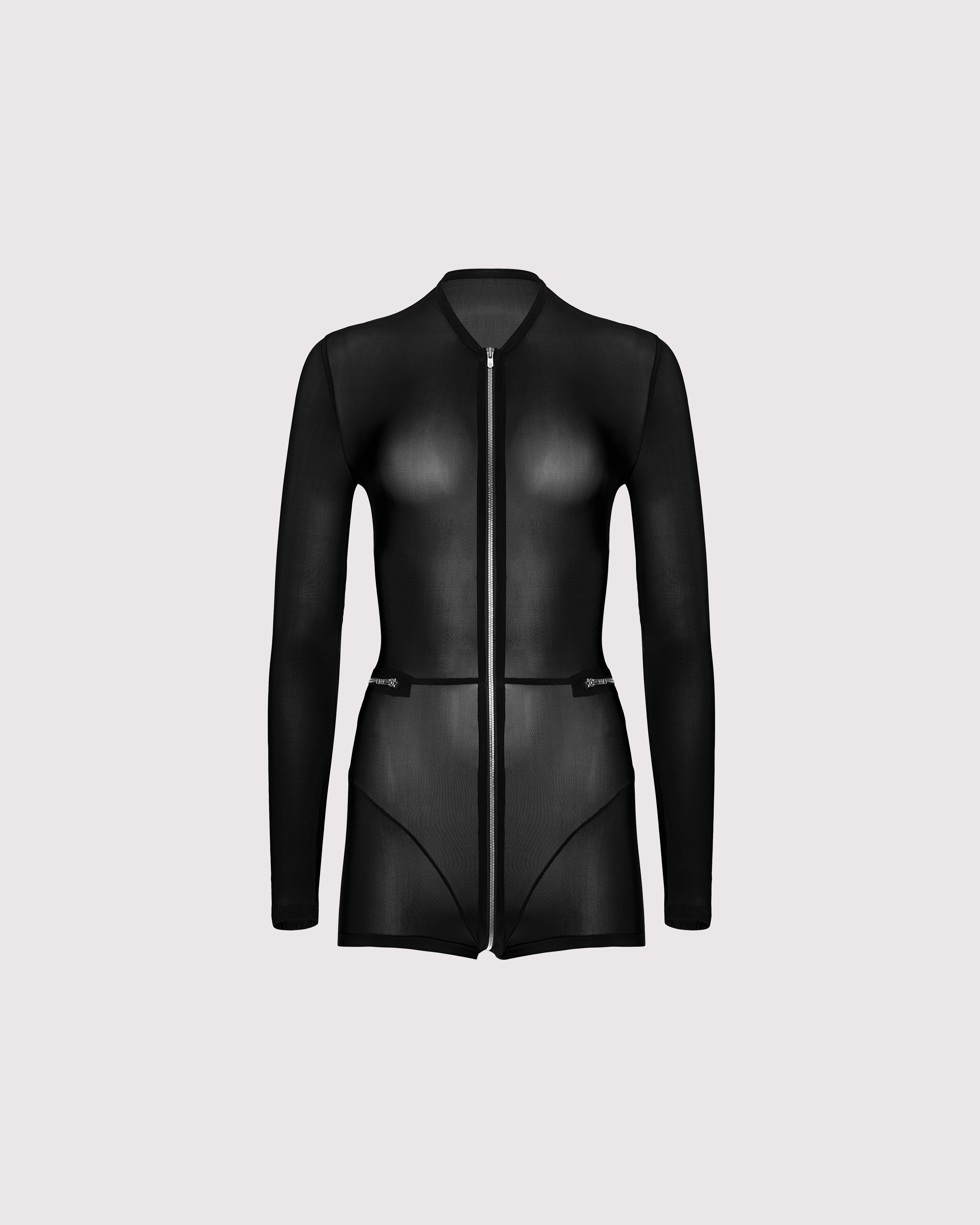 Front view of Super-Sheer Feral Catsuit-Romper on ghost mannequin, highlighting the bold 2-way zipper and luxurious sheer Italian jersey fabric for a striking, minimalist design.