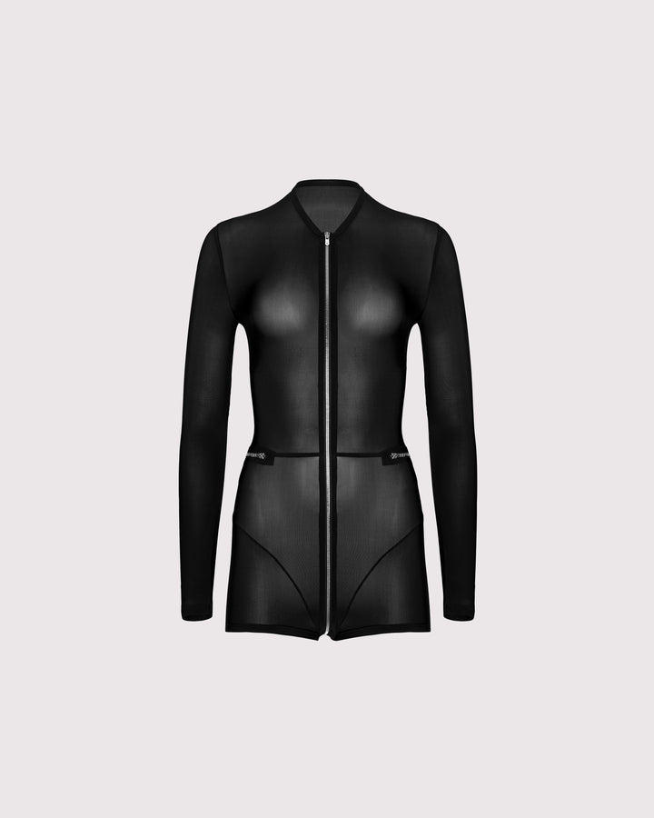 Front view of Super-Sheer Feral Catsuit-Romper on ghost mannequin, highlighting the bold 2-way zipper and luxurious sheer Italian jersey fabric for a striking, minimalist design.