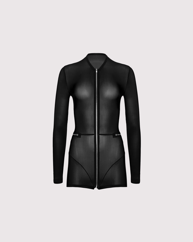 Front view of Super-Sheer Feral Catsuit-Romper on ghost mannequin, highlighting the bold 2-way zipper and luxurious sheer Italian jersey fabric for a striking, minimalist design.
