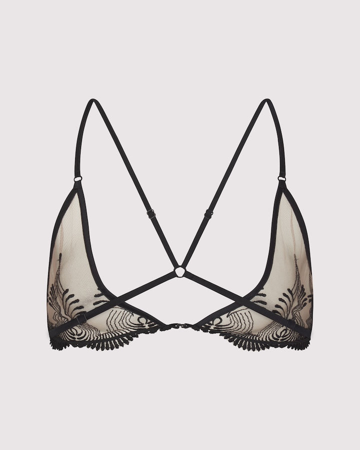 Back view of Lunatic Femme Love Triangle Bra in sheer embroidered tulle, made in NYC. Back cross straps, center ring detail.
