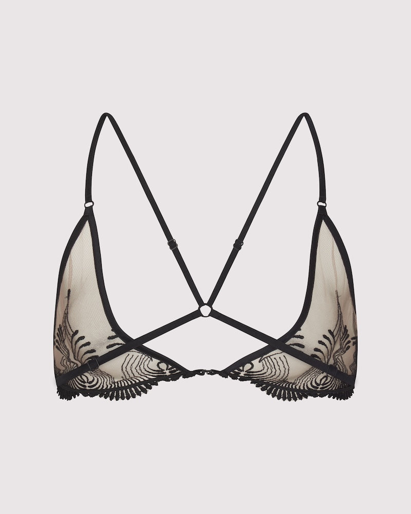 Back view of Lunatic Femme Love Triangle Bra in sheer embroidered tulle, made in NYC. Back cross straps, center ring detail.
