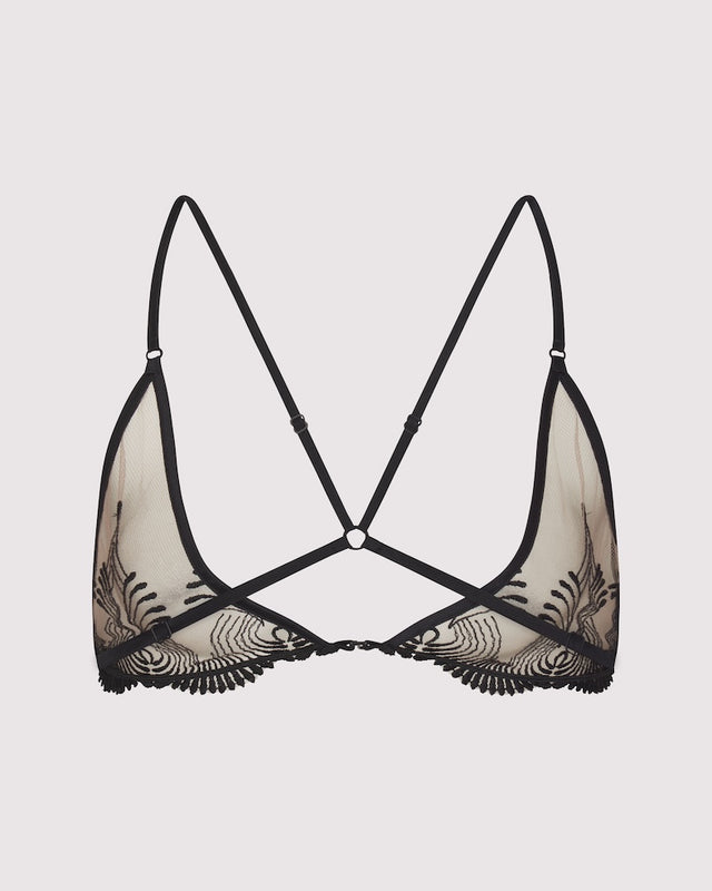 Back view of Lunatic Femme Love Triangle Bra in sheer embroidered tulle, made in NYC. Back cross straps, center ring detail.
