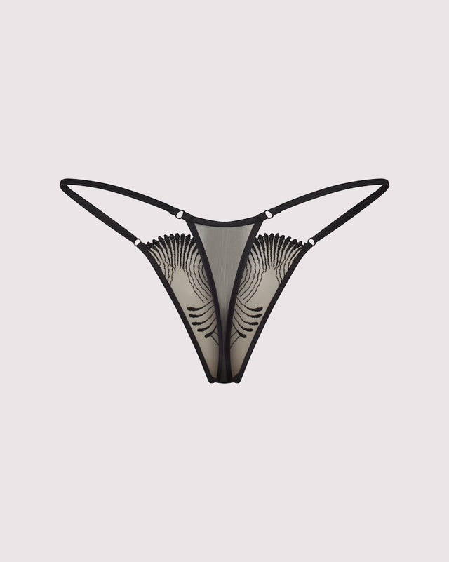 Back ghost image of Lunatic Femme Love Triangle Mini Thong in sheer embroidered tulle, made in NYC. 