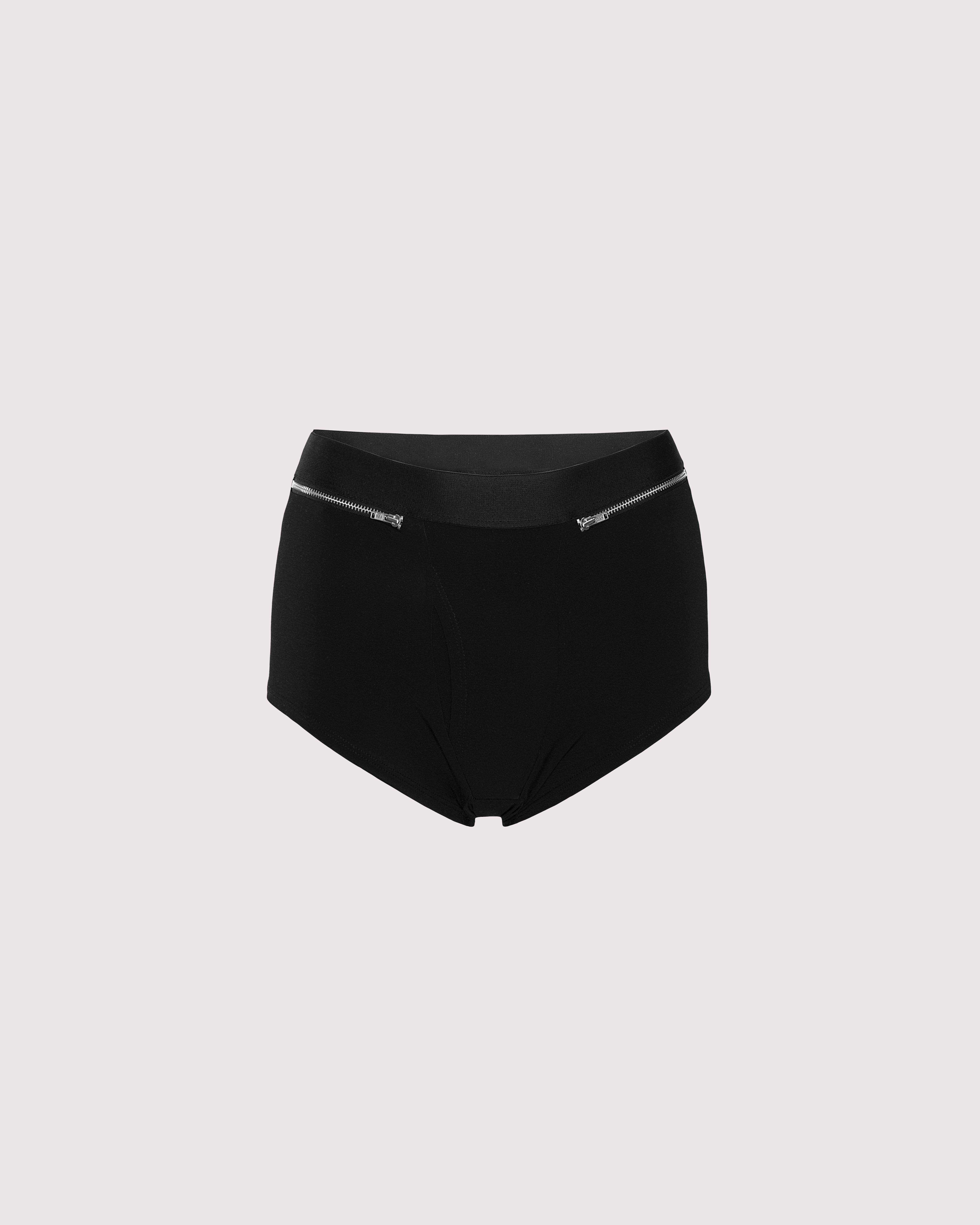 Front view of Lunatic Femme Moonstruck backless boxers on ghost mannequin with dual zippers and high-cut waist in soft black Italian jersey