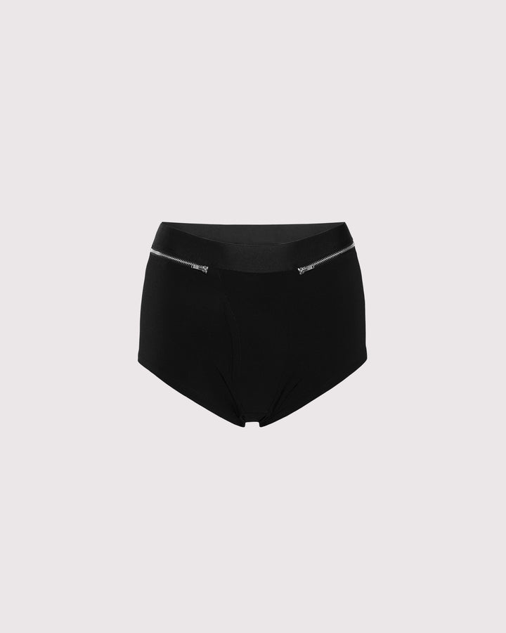 Front view of Lunatic Femme Moonstruck backless boxers on ghost mannequin with dual zippers and high-cut waist in soft black Italian jersey