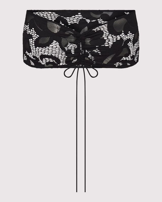 Muse Bandeau Body Band stretched to show luxury European lace texture and silk tie design