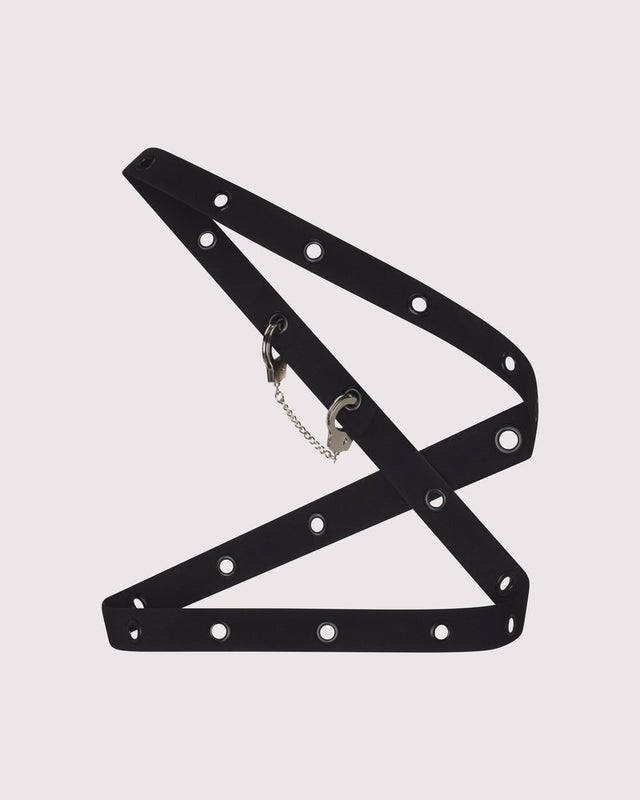 SNKX Strap shown as a sexy chest-crisscross harness on ghost mannequin — a Lunatic Femme accessory + play piece made in NYC for bold styling.
