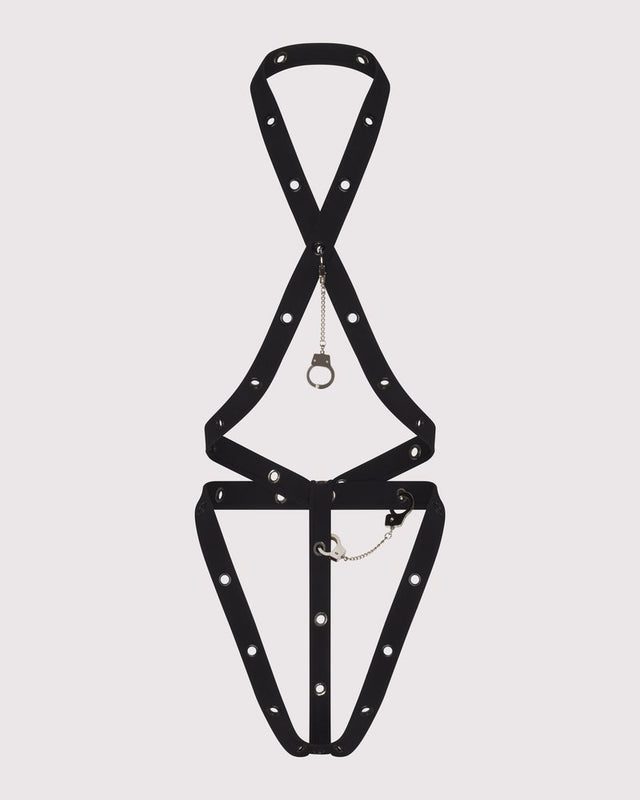 Two SNKX Straps attached + styled as a neck-to-back harness on ghost mannequin, showing versatile design and luxe Italian jersey. Possibilities are endless.