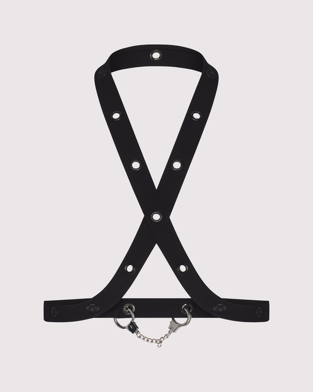 SNKX Strap styled over as an ouvert-style harness bra + luxe body harness — Lunatic Femme’s bondage-adjacent luxury lingerie + erotic lifewear, playwear + power wear, made in NYC.