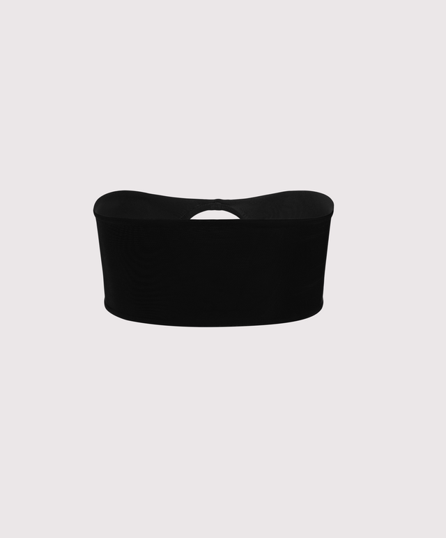 Back view of Lunatic Femme Spotlight Ring Bandeau on ghost mannequin, showcasing minimalist designer Italian black jersey and super-stretch, soft AF feel for multi-way wear.