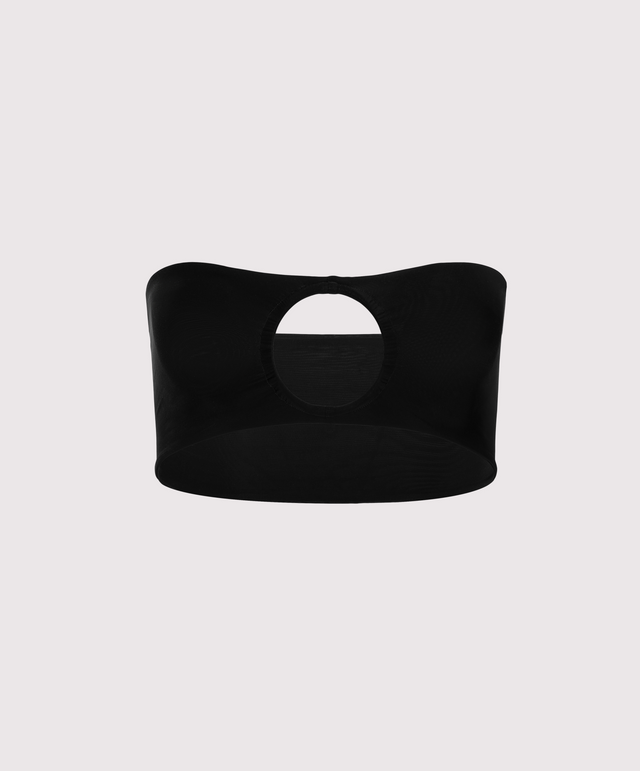 Back view of Lunatic Femme Spotlight Ring Bandeau on ghost mannequin, showcasing minimalist designer Italian black jersey and super-stretch, soft AF feel for multi-way wear.