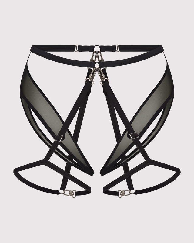 Sugar Trap Booty Harness front view, showing full mesh booty harness and attached silk thigh straps + harness. Made in NYC for luxury lingerie lovers + experience hunters