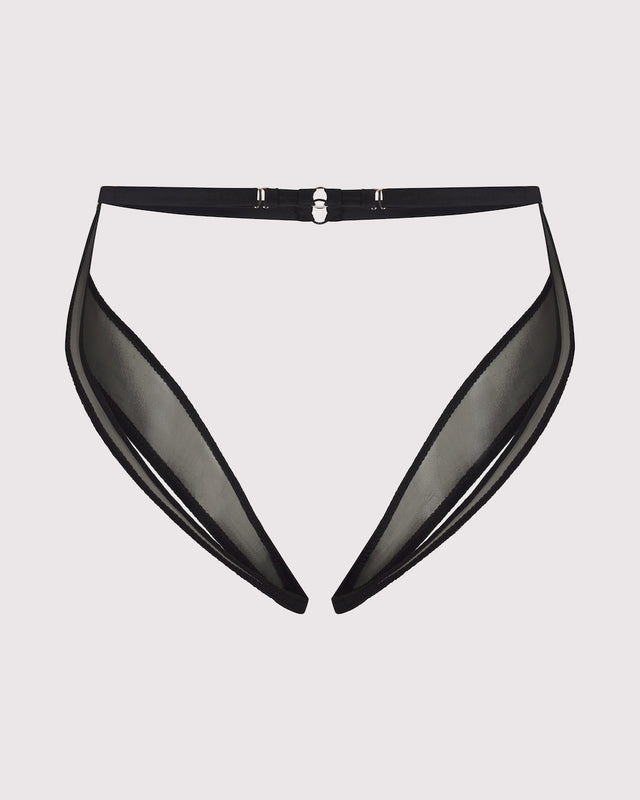Sugar Trap Booty Harness back view without silk thigh and legs straps, showcasing cheek-accentuating mesh silhouette and adjustable waist. Made in NYC to style in the streets or sheets