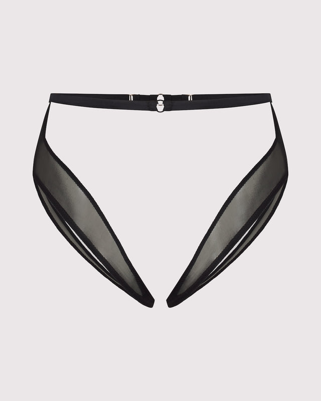 Sugar Trap Booty Harness front view without silk thigh straps, showing adjustable silk waistband + cheek-hugging European performance mesh