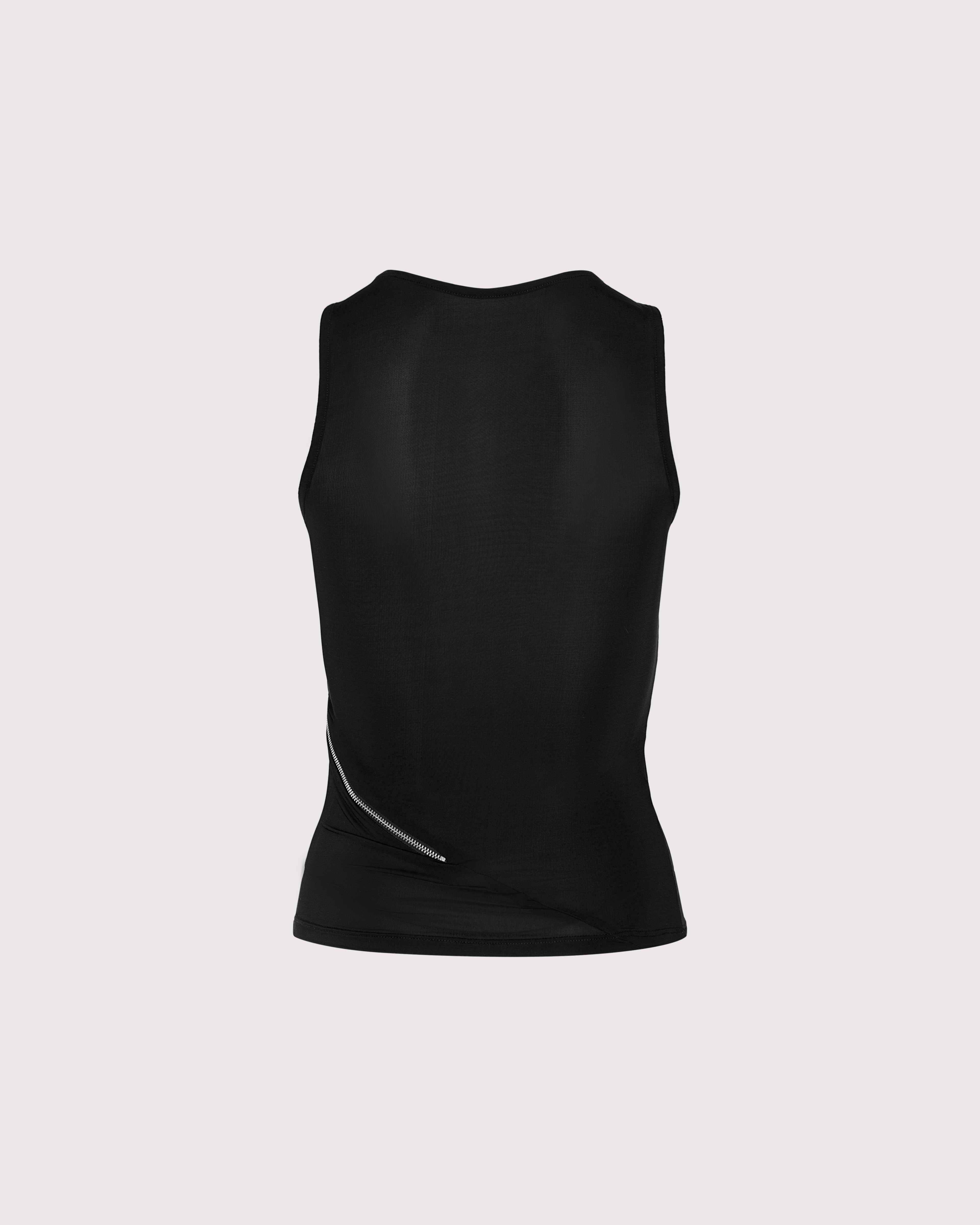 Back view of Lunatic Femme's sheer Ziptease tank on ghost mannequin, highlighting the sleek, minimalist design and luxury Italian jersey fabric for a bold, seductive silhouette.