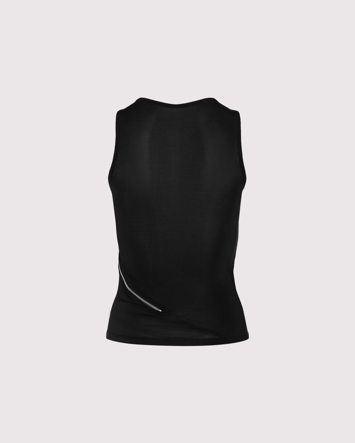 Back view of Lunatic Femme's sheer Ziptease tank on ghost mannequin, highlighting the sleek, minimalist design and luxury Italian jersey fabric for a bold, seductive silhouette.