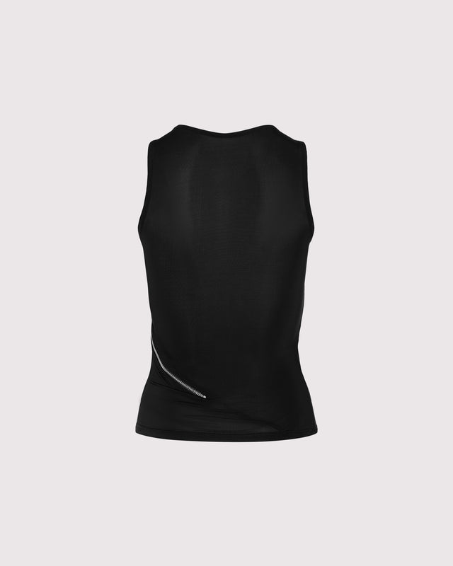 Back view of Lunatic Femme's sheer Ziptease tank on ghost mannequin, highlighting the sleek, minimalist design and luxury Italian jersey fabric for a bold, seductive silhouette.