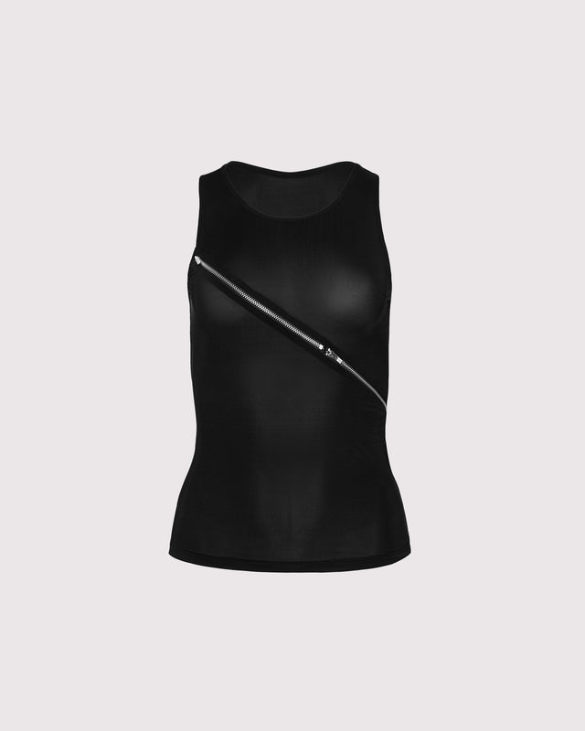 Front view of Lunatic Femme's Ziptease Tank on ghost mannequin, showcasing its sheer, luxurious Italian jersey fabric and bold, minimalist design for a chic and seductive look.