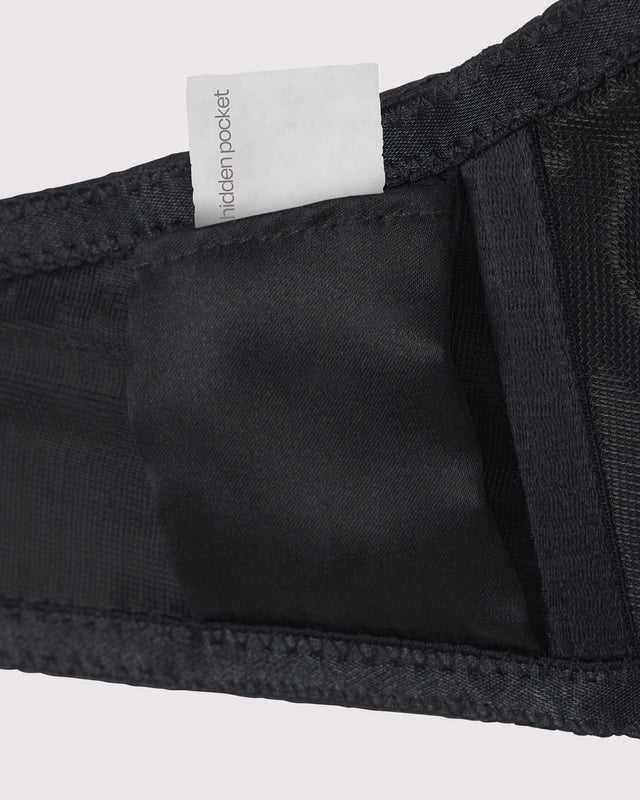 Black balconette bra with hidden pocket