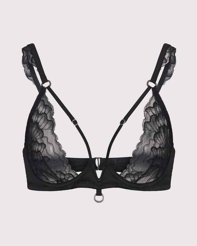Black lace-and-silk demi bra with  hand-wrapped, silk-covered strap, luxury lingerie