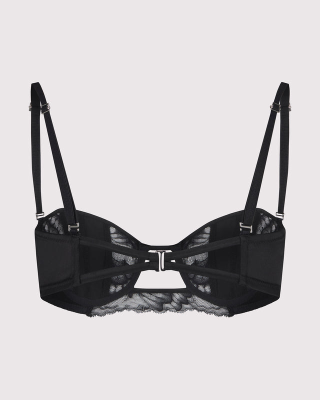Black silk and lace balconette bra with convertible silk-covered straps you can wear multiple ways including attached to the butterfly choker