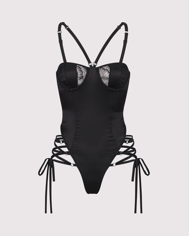  Champagne room 33 black lace-up bodysuit front view