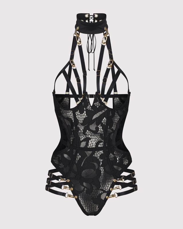 déjà vu 18 cupless bodysuit in black lace with detachable hip bands, luxury lingerie 