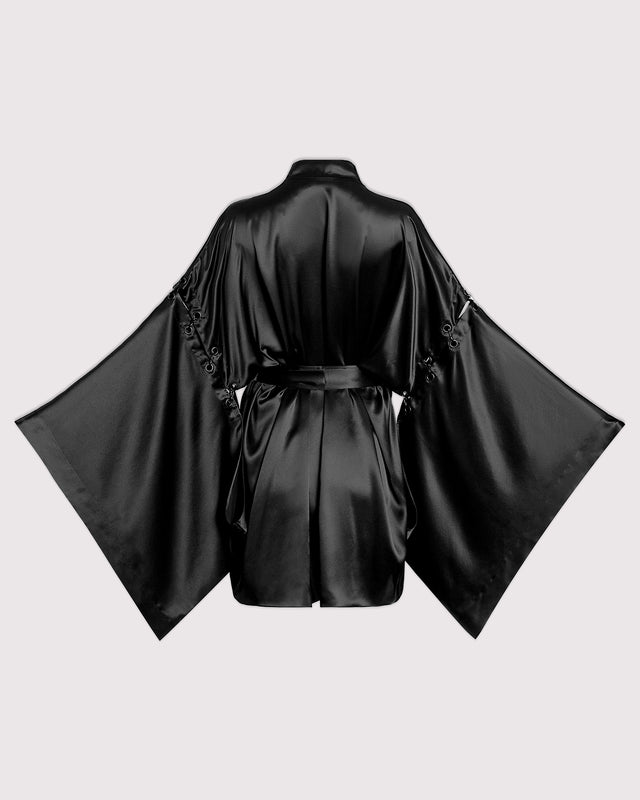 Black silk kimono robe, with detachable sleeves back view