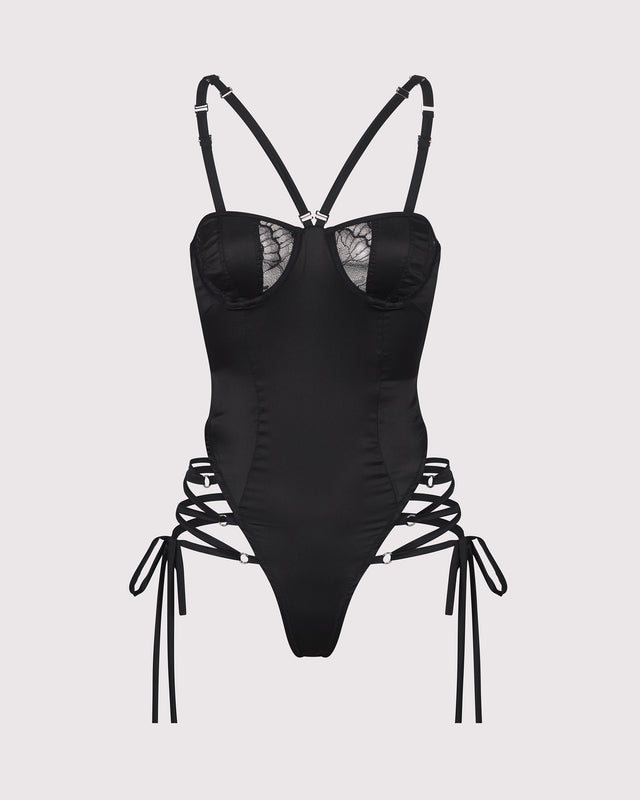 Champagne Room 33 Lace-Up Bodysuit flat-lay with long silk ties features peace silk, decadent lace and removable silk ties at hip.
