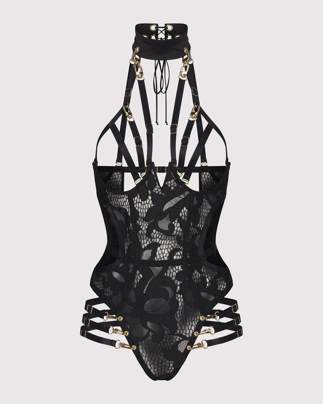 lunatic femme déjà vu 18 cupless bodysuit in black designer lace with detachable hip bands + collar + harness. luxury lingerie, made in nyc 