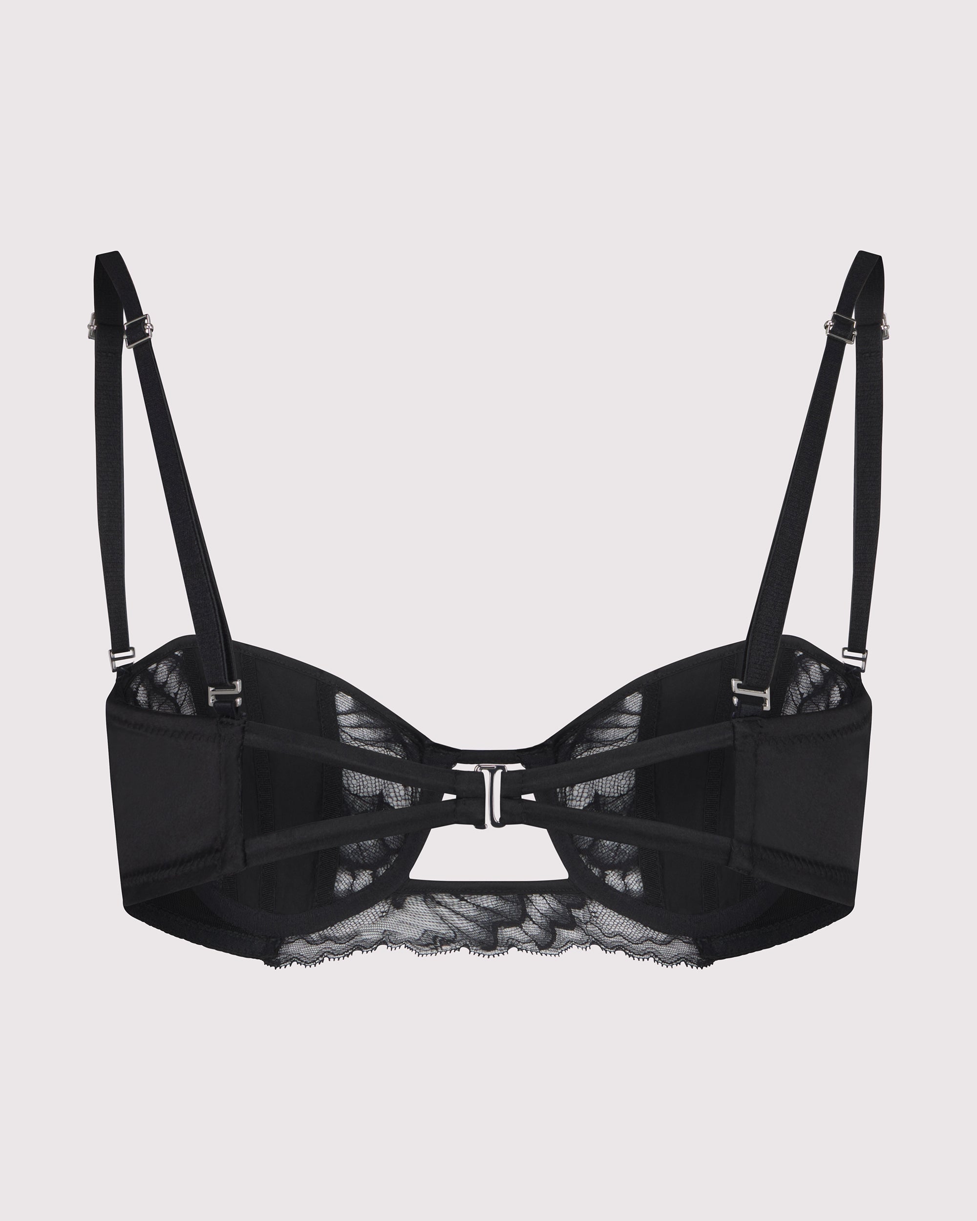 Black silk and lace balconette bra with convertible silk-covered straps you can wear multiple ways including attached to the butterfly choker. lunatic femme luxury lingerie made in nyc
