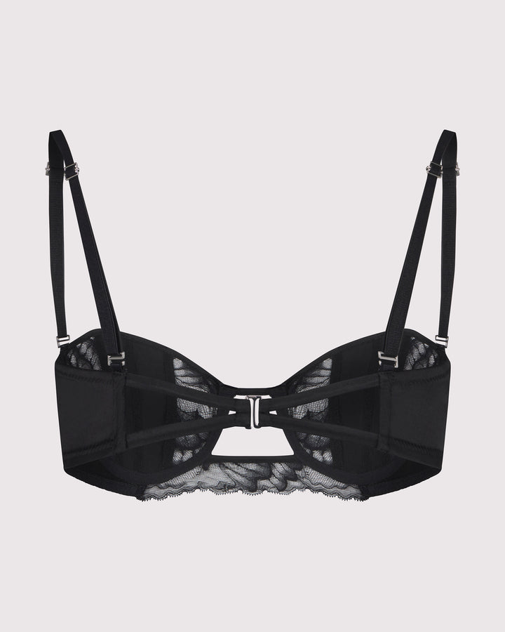 Black silk and lace balconette bra with convertible silk-covered straps you can wear multiple ways including attached to the butterfly choker. lunatic femme luxury lingerie made in nyc