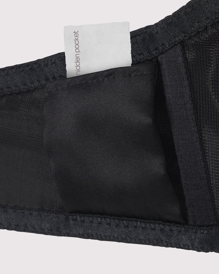 Black silk balconette bra with hidden pocket by lunatic femme luxury lingerie, lifewear, playwear, made in nyc