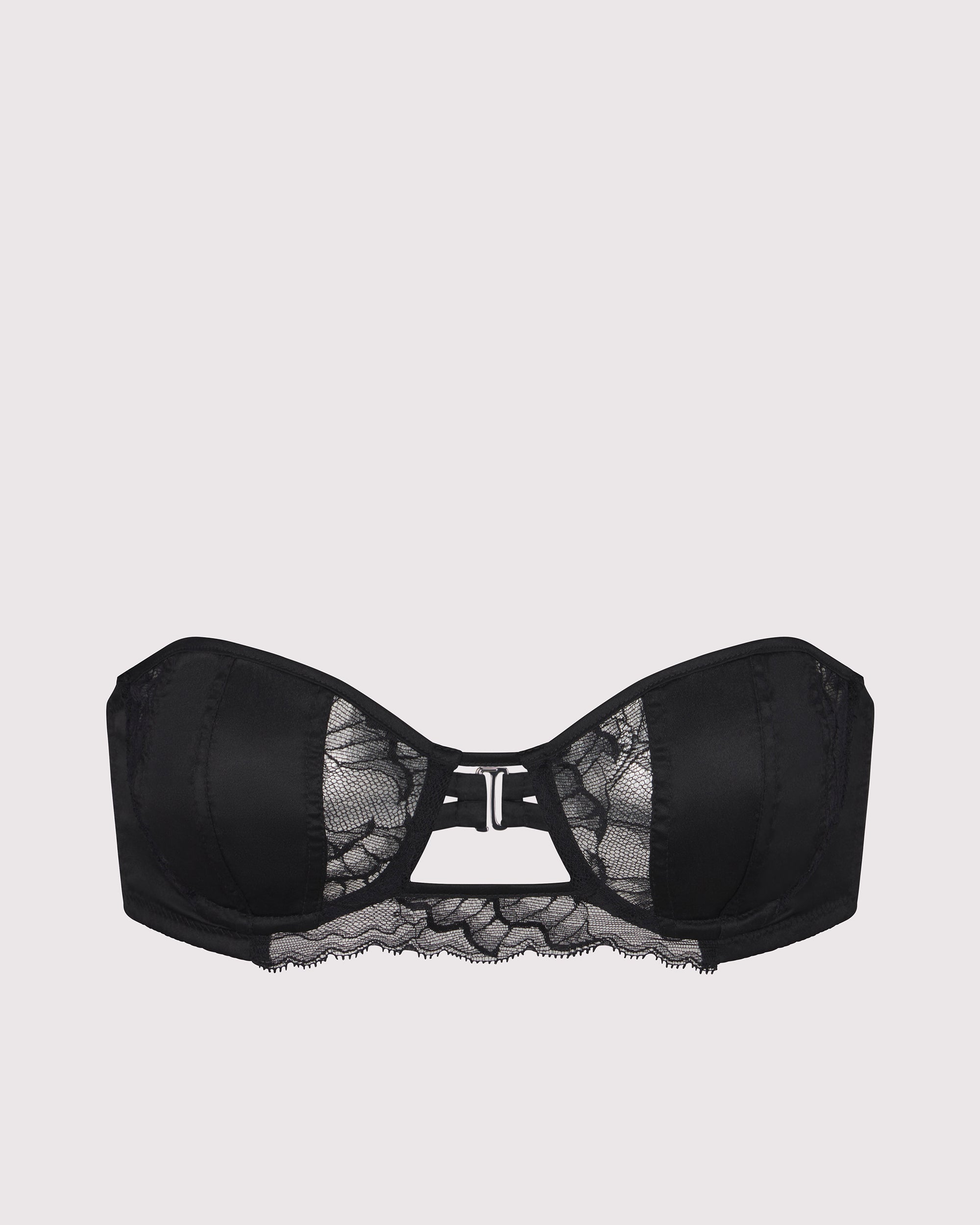 Strapless silk and lace balconette bra with convertible silk-covered straps you can wear multiple ways including attached to the butterfly choker. Peace silk, designer lace, hidden interior pocket.