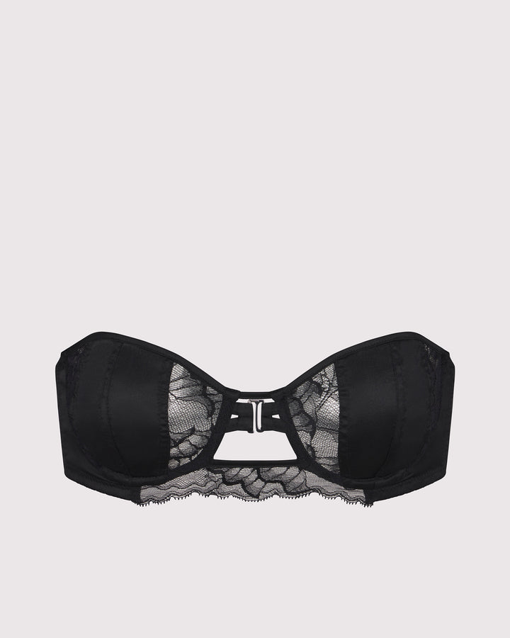 Strapless silk and lace balconette bra with convertible silk-covered straps you can wear multiple ways including attached to the butterfly choker. Peace silk, designer lace, hidden interior pocket.